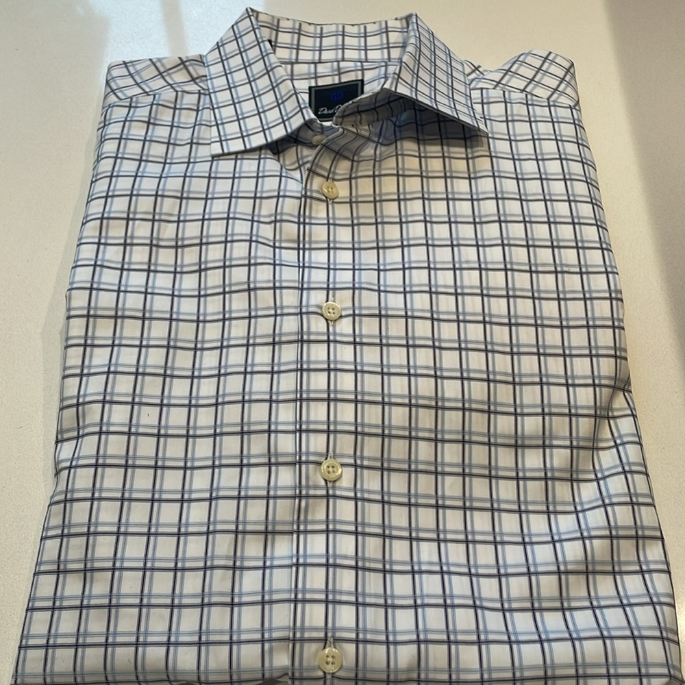 David Donahue Men’s Checked Dress Shirt, Blue/Navy. Size 17.5, 34/35